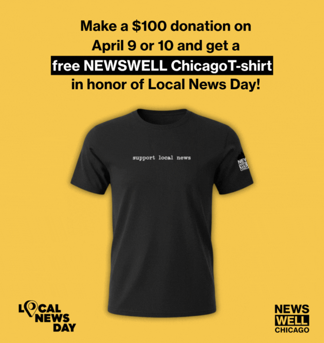 Make a $100 donation on April 9 or 10 and get a free Times of San Diego T-shirt in honor of Local News Day! (Includes photo of black t-shirt with text that reads "Support local news")