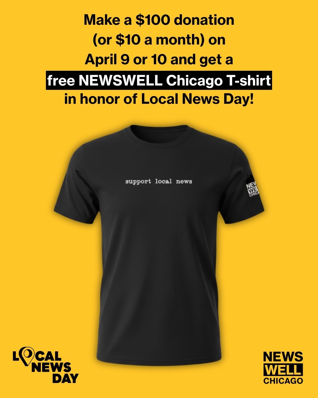 Make a $100 donation (or $10 a month) on April 9 or 10 and get a free Times of San Diego T-shirt in honor of Local News Day! (Includes photo of black t-shirt with text that reads "Support local news")